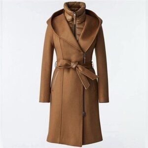 Mackage Shia Wool Coat Women L Caramel Duck Down Removable Bib Brown Luxury
